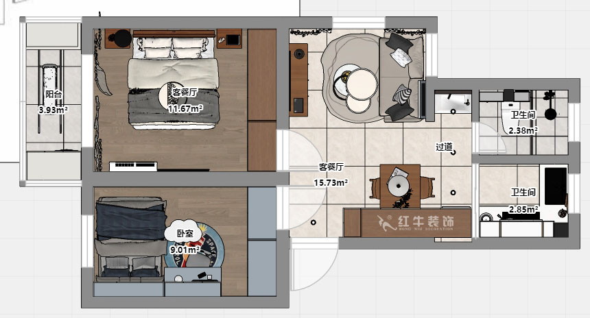 朱彦｜凤凰花园城金陵园2幢10号502室-64㎡-现代简约风格｜2室1厅1卫｜老房改造｜定制家｜全包10万｜00_03平面彩图